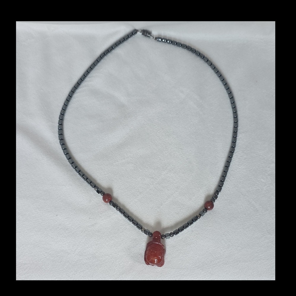 Unbranded Black Hematite / Carved Red Carnelian Agate Turtle Necklace